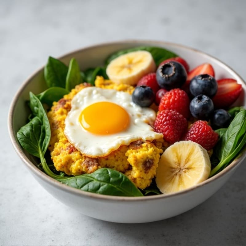 Egg White and Spinach Scramble with Turkey Sausage and Mixed Berry-Banana Side