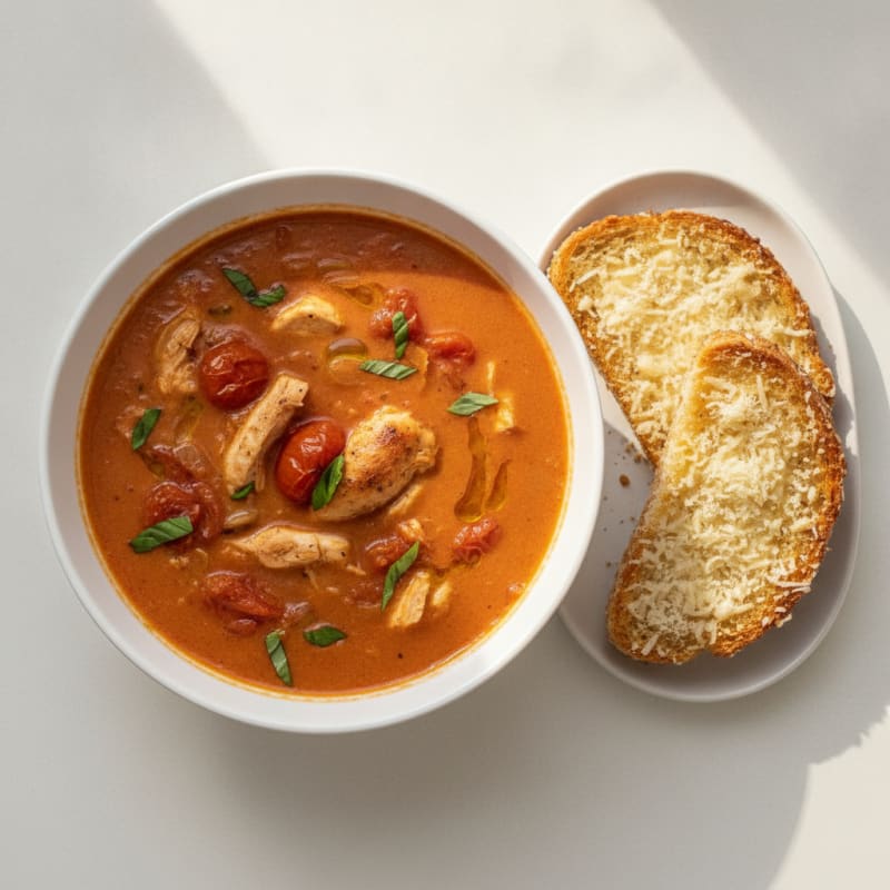 Roasted Tomato Basil Soup with Parmesan Crostini