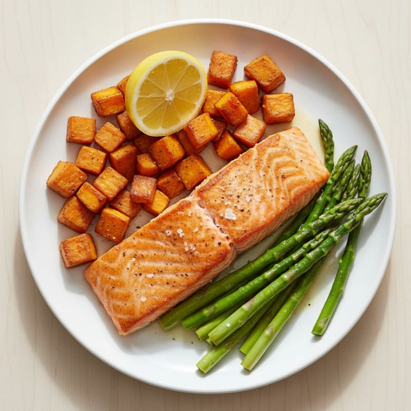 Seared Salmon with Roasted Sweet Potato and Asparagus