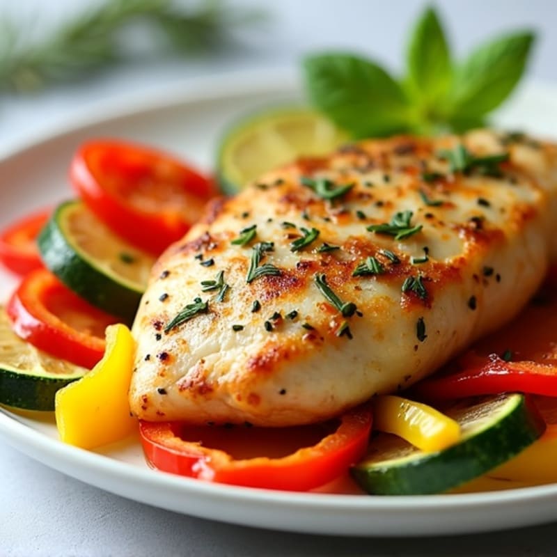Lemon Herb Pan-Seared Chicken with Roasted Bell Peppers and Zucchini