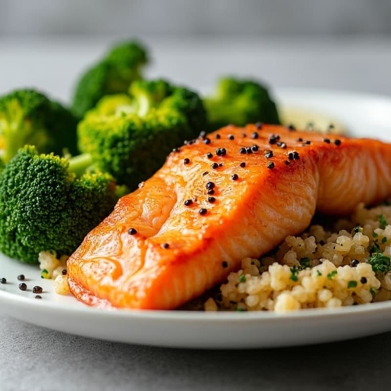 Seared Salmon Fillet with Roasted Broccoli and Quinoa