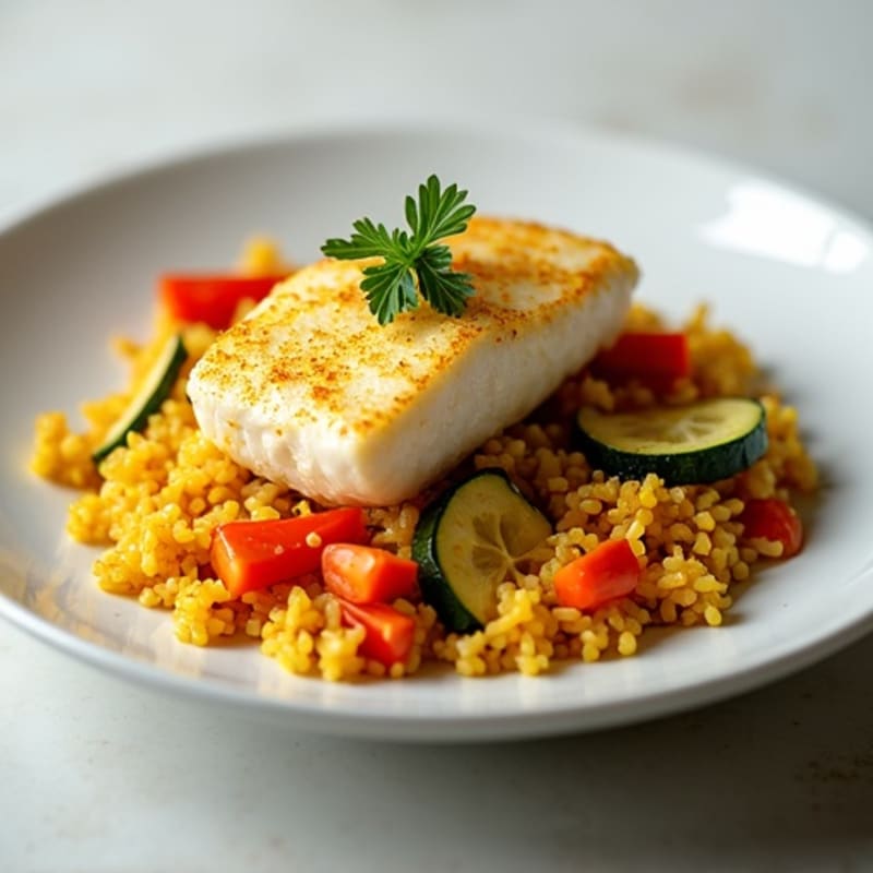 Fresh Seafood with Saffron Rice and Crispy Vegetables