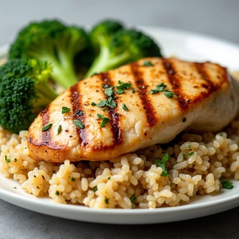 Grilled Chicken Breast with Herbed Brown Rice and Steamed Broccoli