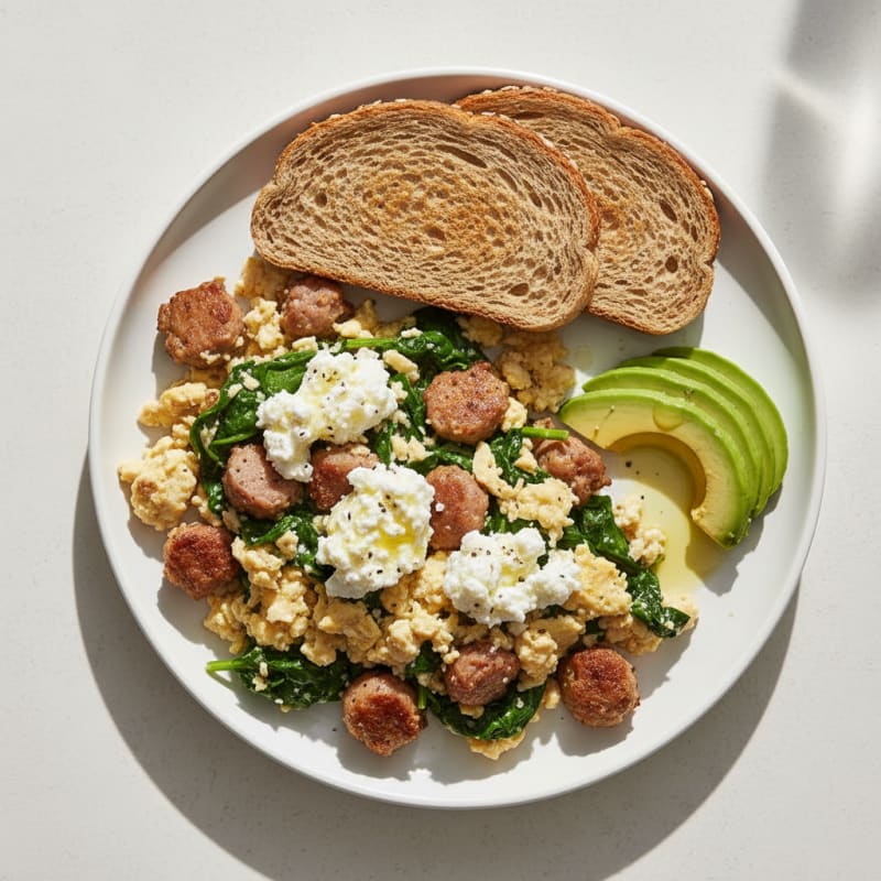 Egg White and Turkey Sausage Scramble with Cottage Cheese and Spinach