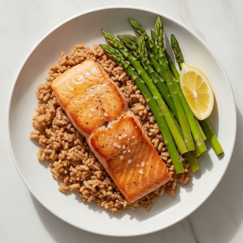 Seared Salmon Fillet with Steamed Asparagus and Brown Rice