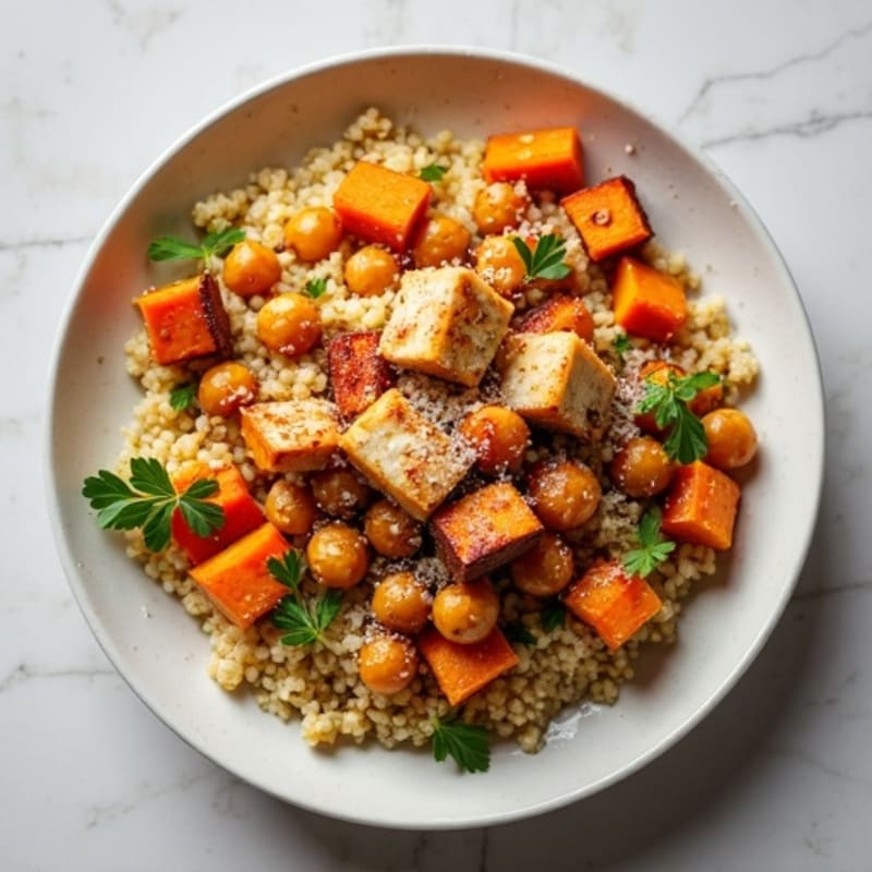 Crispy Roasted Chickpea and Sweet Potato Quinoa Bowl with Creamy Tahini