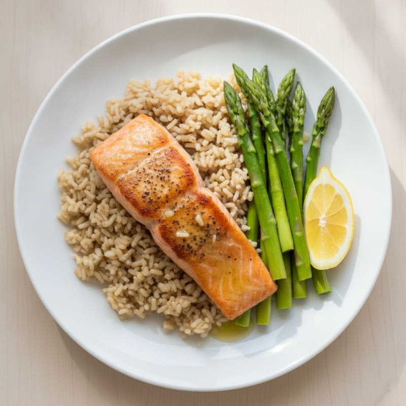 Seared Salmon Fillet with Steamed Asparagus and Brown Rice