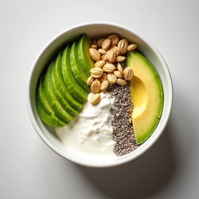 Protein Greek Yogurt Bowl with Sliced Avocado and Chia Seeds