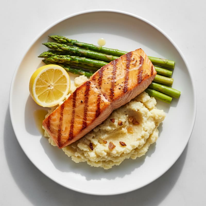 Seared Salmon with Steamed Asparagus and Garlic Cauliflower Mash
