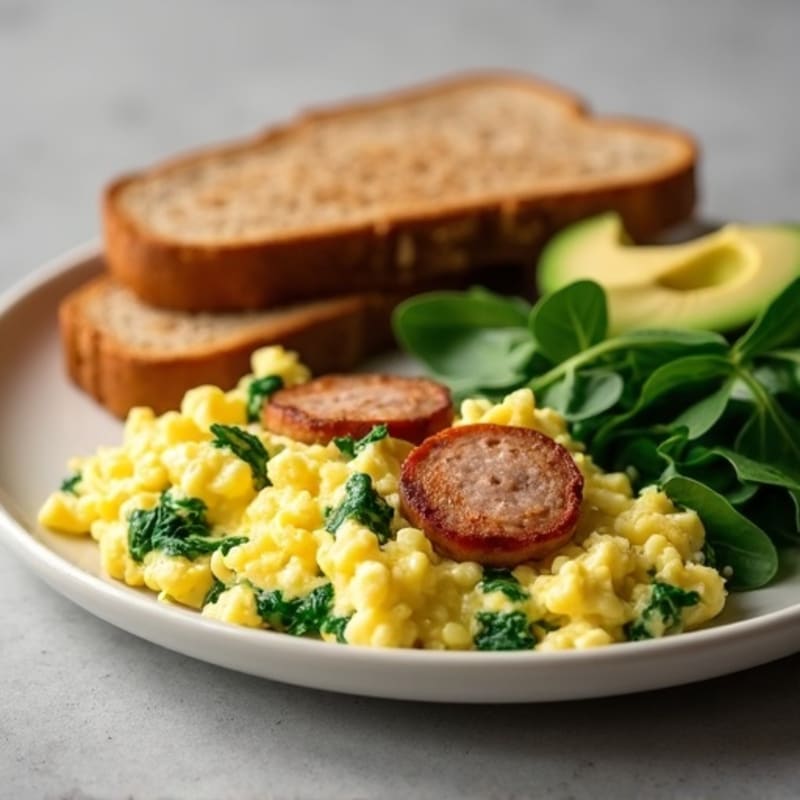Egg White Spinach Scramble with Turkey Sausage