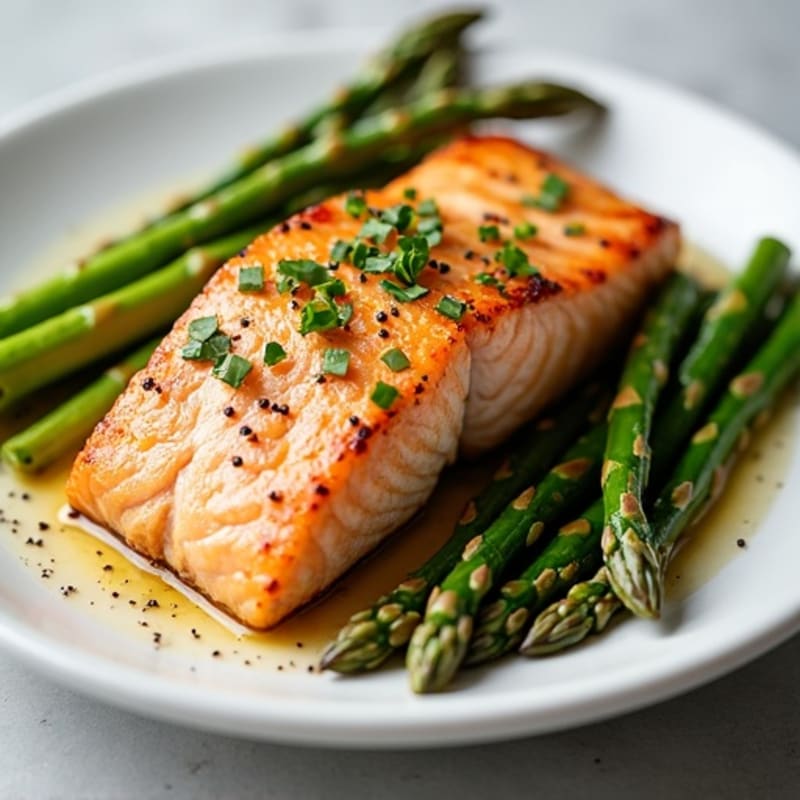 Flaky Pan-Seared Salmon with Crispy Roasted Asparagus and Lemon-Garlic Dressing