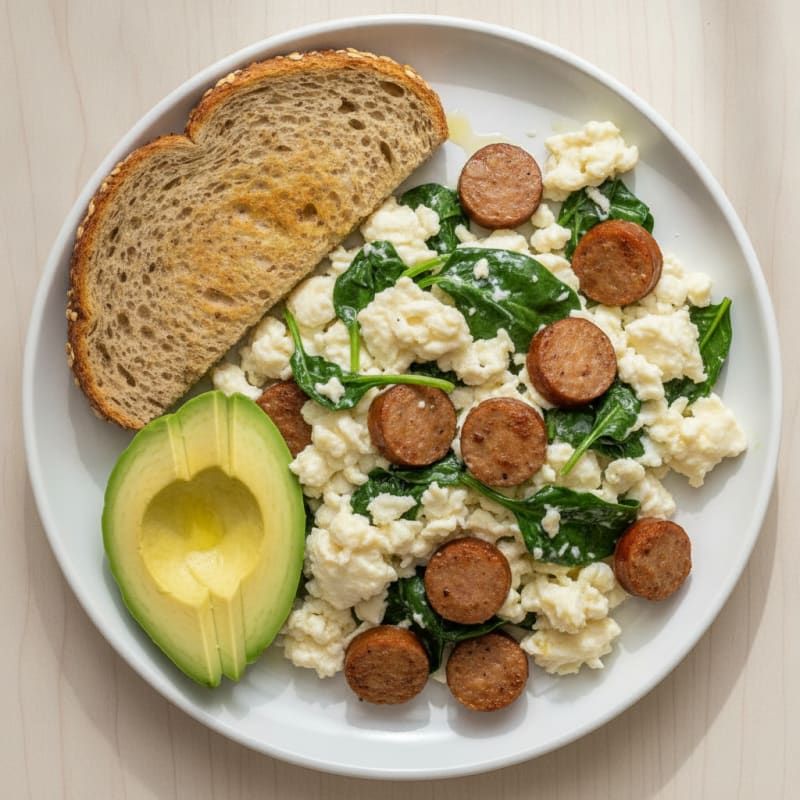 Egg White and Turkey Sausage Scramble with Sautéed Spinach