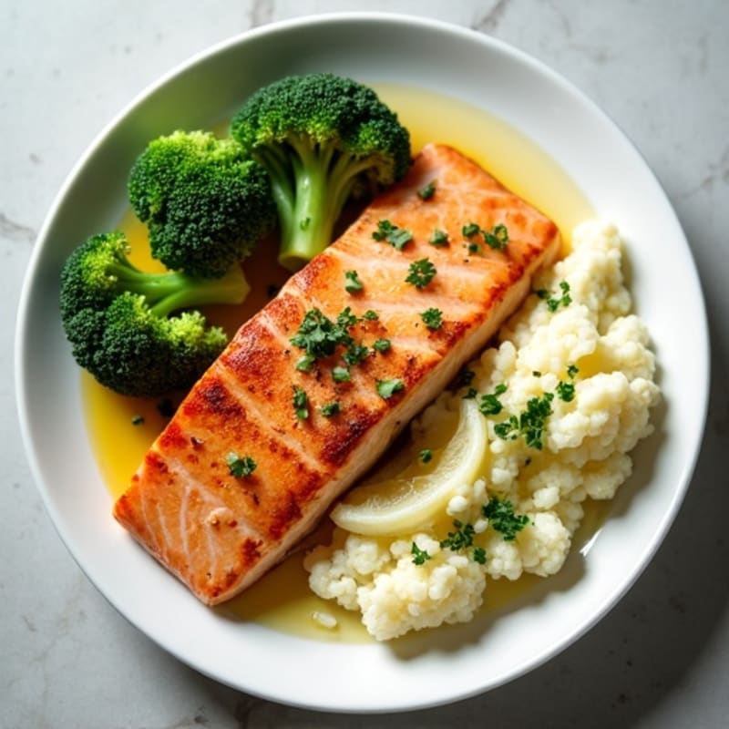 Pan Seared Salmon with Roasted Broccoli and Garlic Mashed Cauliflower
