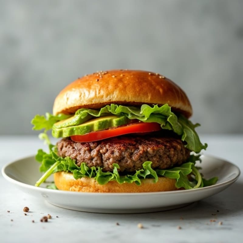 Lean Beef Burger with Avocado and Fresh Greens