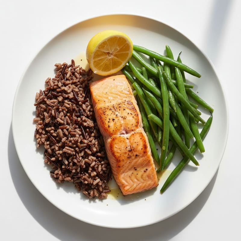 Seared Salmon Fillet with Steamed Green Beans and Wild Rice