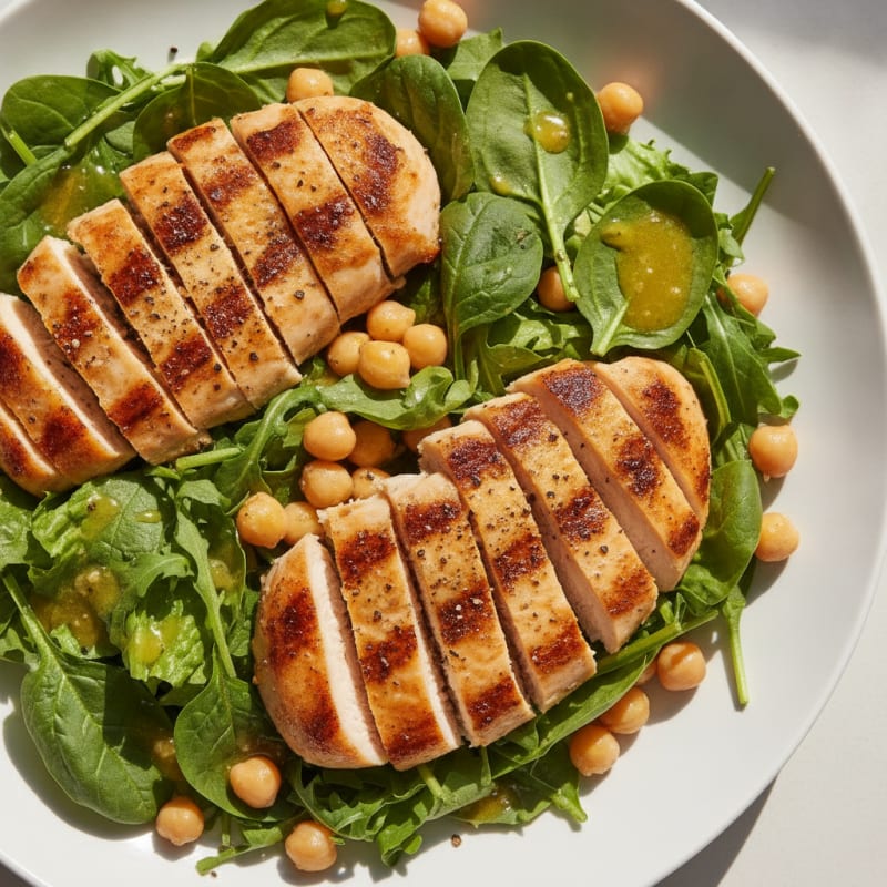 Grilled Chicken Breast Salad with Leafy Greens and Chickpeas