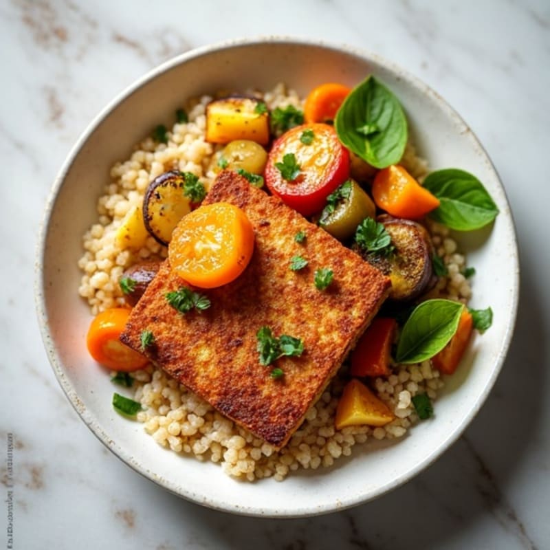 Crispy Baked Tofu with Quinoa and Roasted Vegetables