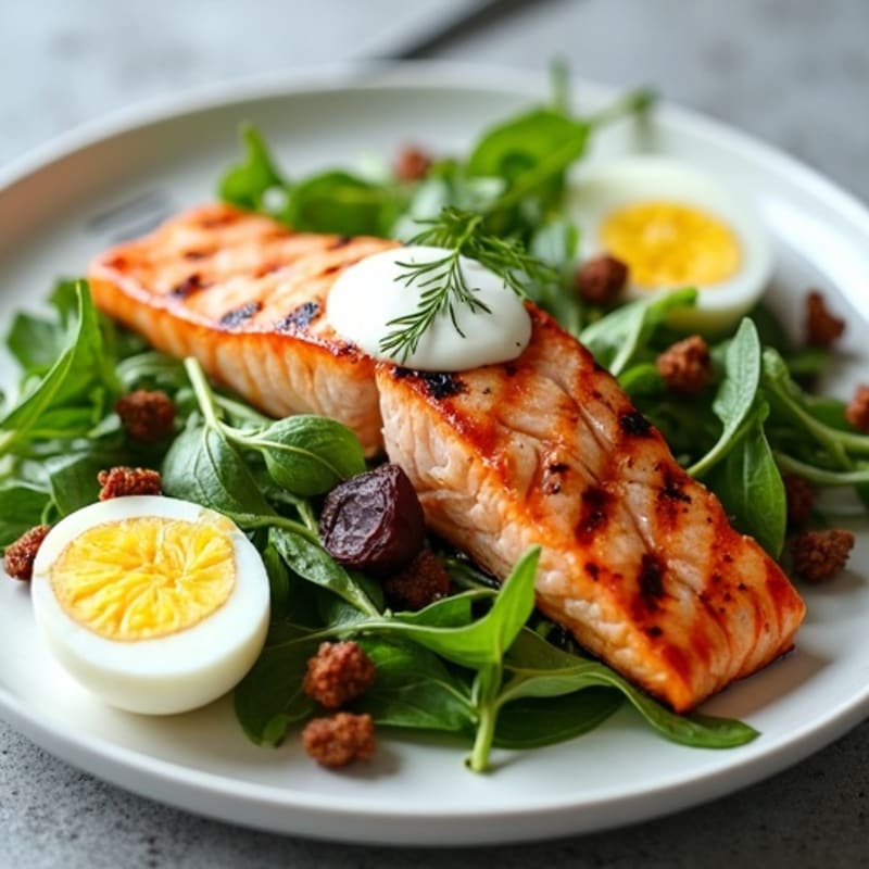 Grilled Salmon Salad with Mixed Greens and Greek Yogurt Dressing