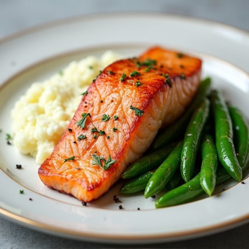 Seared Salmon Fillet with Garlic Green Beans and Cauliflower Mash