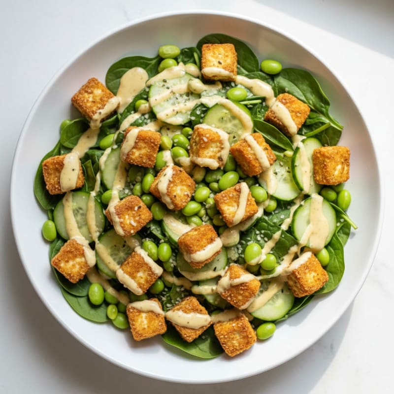 Crispy Tofu and Edamame Power Salad with Tahini Dressing