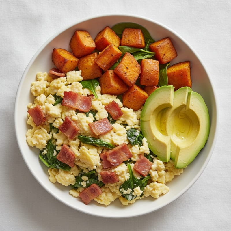 Crispy Turkey Bacon and Egg White Scramble with Roasted Sweet Potatoes