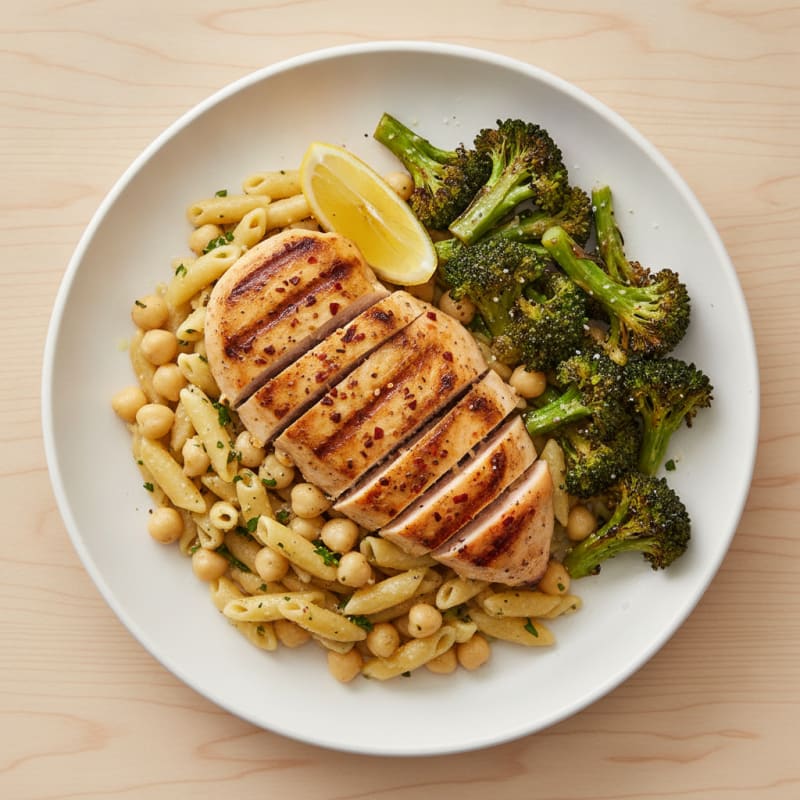 Grilled Chicken Breast with Chickpea Pasta and Roasted Broccoli