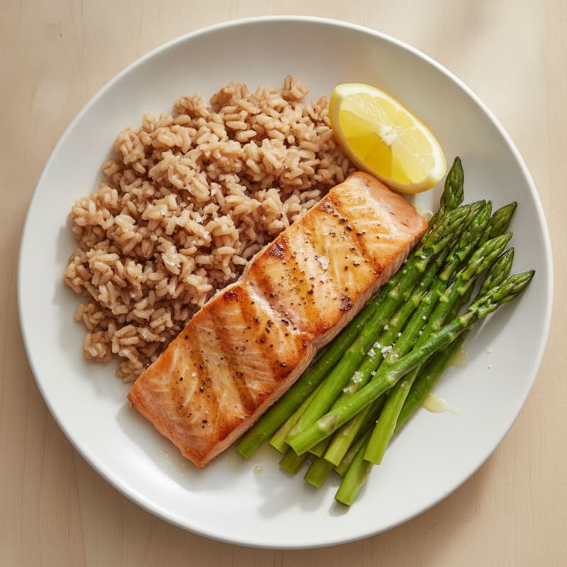 Seared Salmon with Steamed Asparagus and Brown Rice