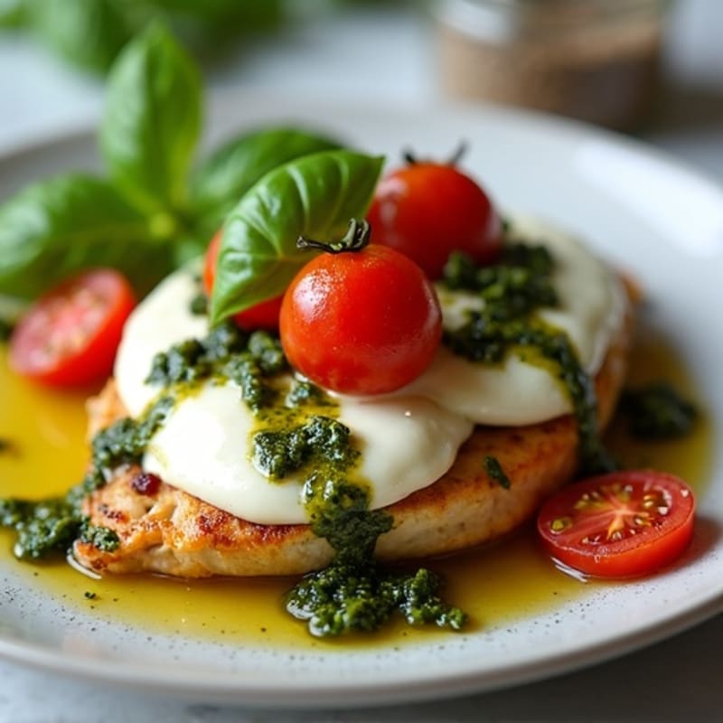 Pan-Seared Chicken with Creamy Mozzarella, Juicy Tomatoes, and Basil Pesto