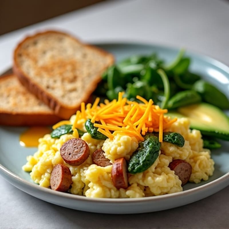 Egg White and Turkey Sausage Scramble with Spinach, Avocado, and Toast