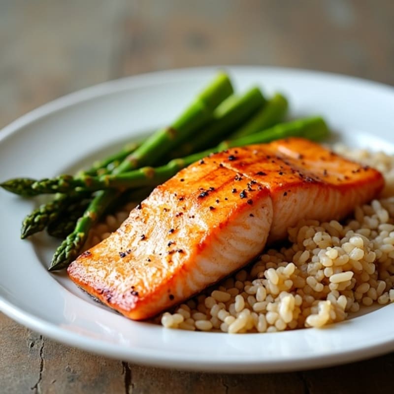Seared Salmon with Steamed Asparagus and Brown Rice
