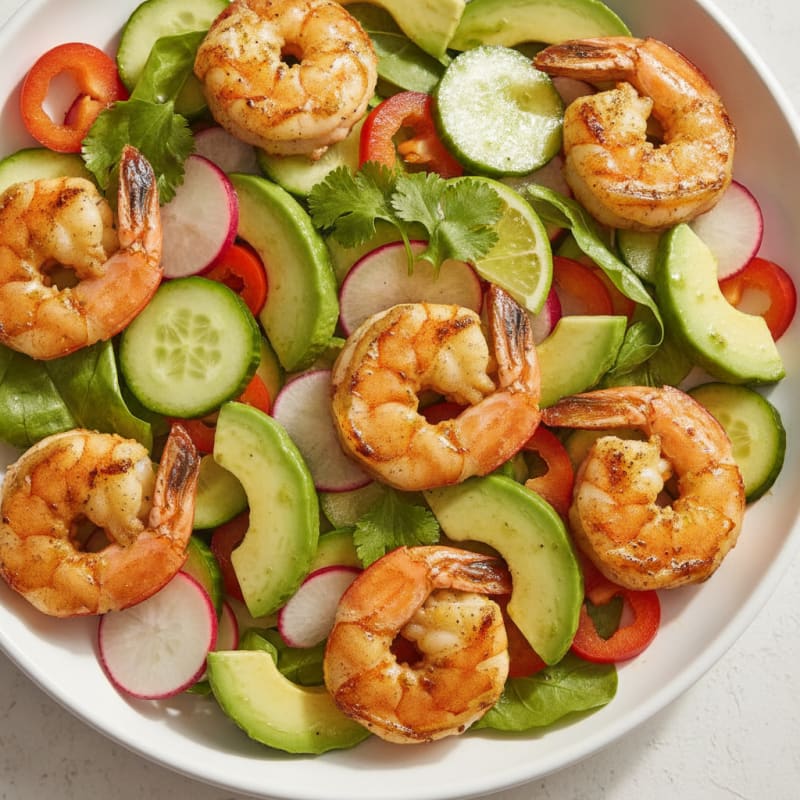 Grilled Shrimp and Avocado Salad with Crunchy Vegetables