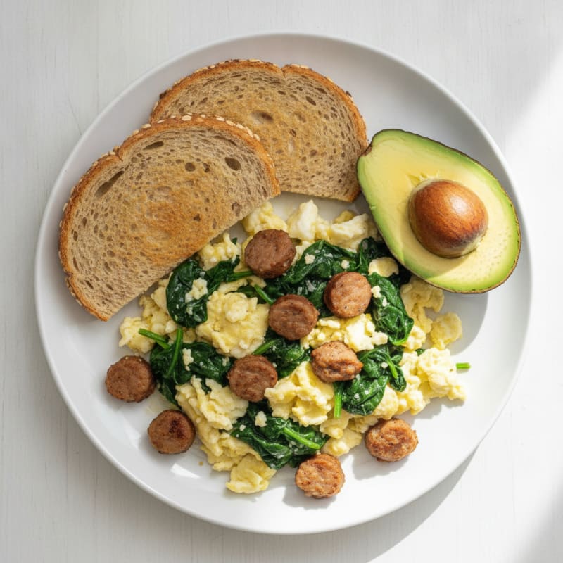 Egg White Scramble with Turkey Sausage and Sautéed Spinach