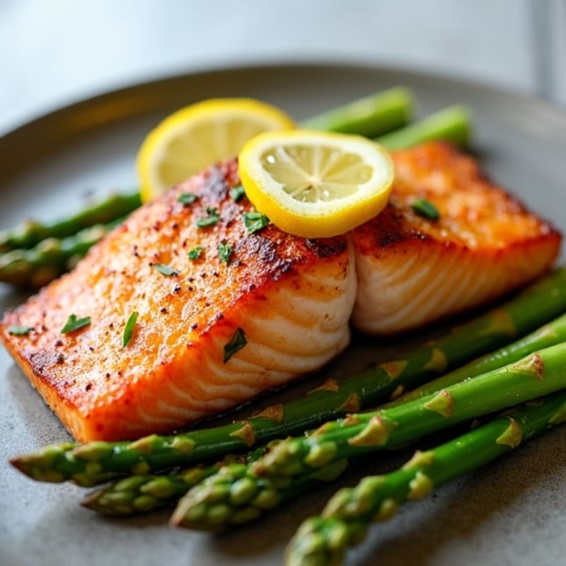 Crispy Pan-Seared Salmon with Roasted Asparagus and Lemon