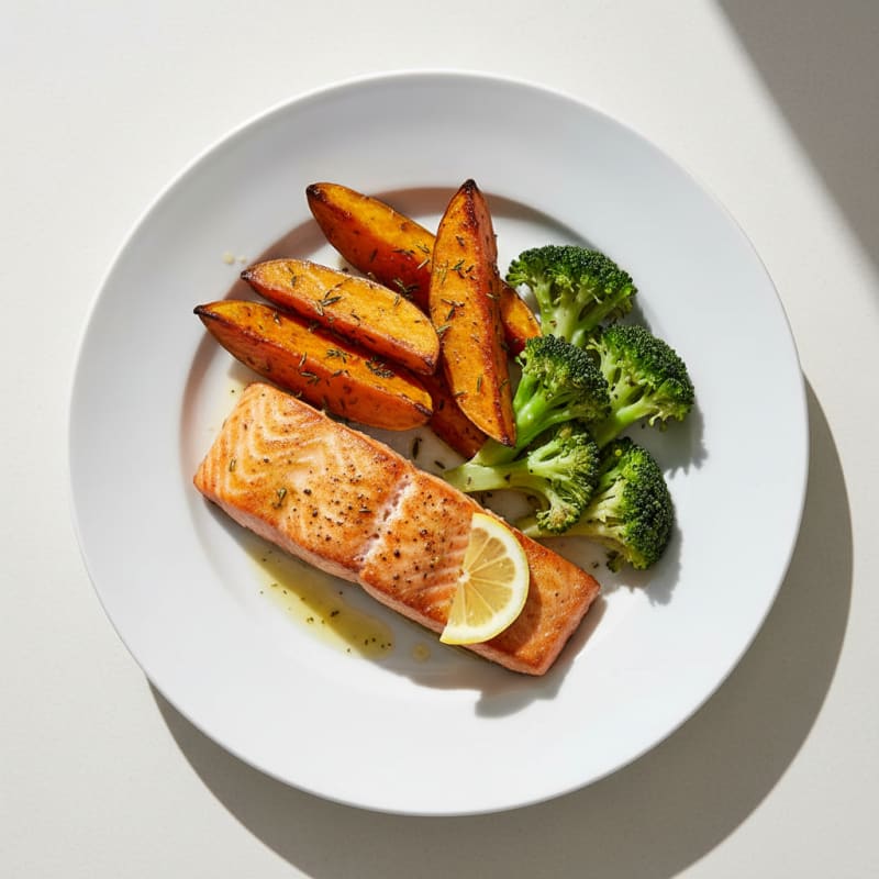 Seared Salmon with Roasted Sweet Potato and Steamed Broccoli