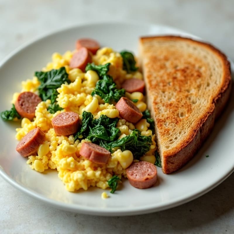 Lean Turkey Sausage and Egg White Scramble with Spinach and Whole Grain Toast