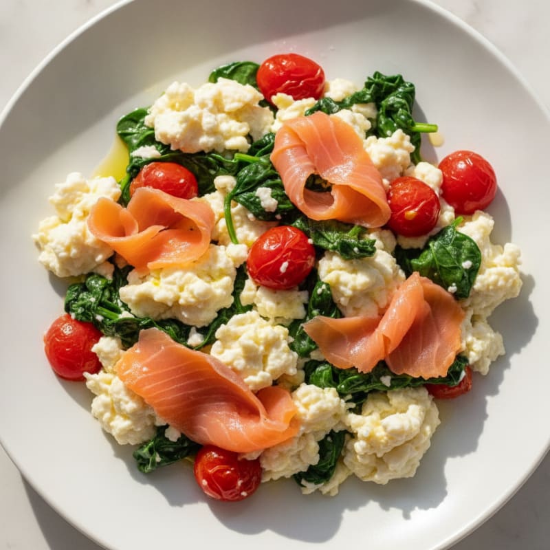 Egg White Spinach Scramble with Cherry Tomatoes