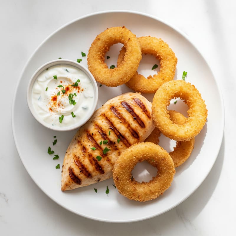 Beer-Battered Onion Rings with Grilled Chicken