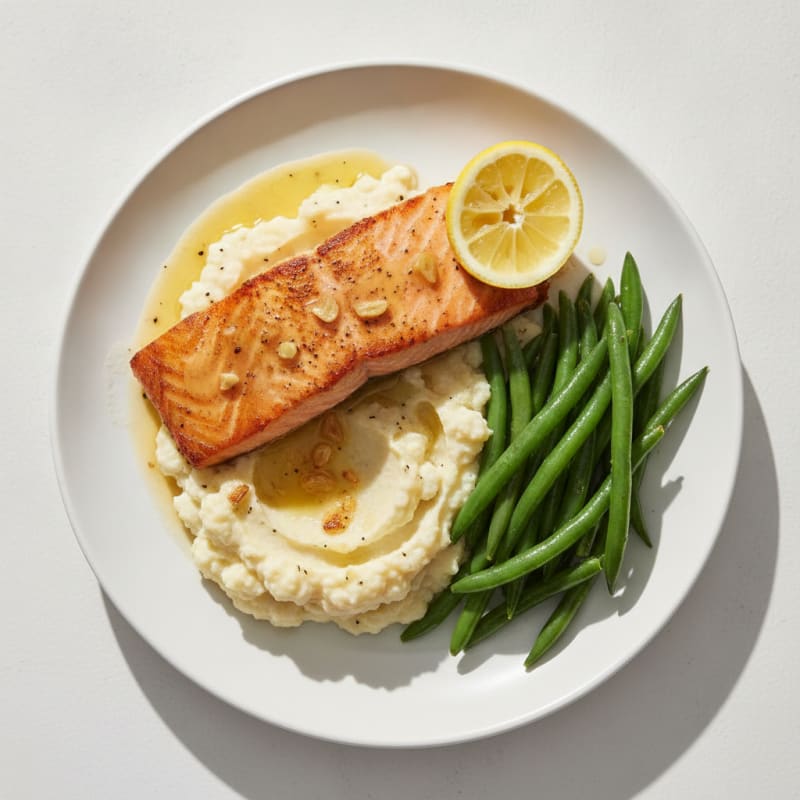Seared Salmon with Steamed Green Beans and Mashed Cauliflower