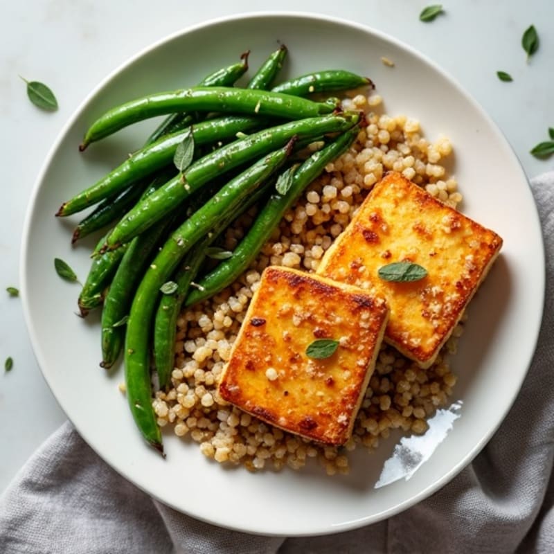 Crispy Baked Tofu with Roasted Green Beans and Quinoa