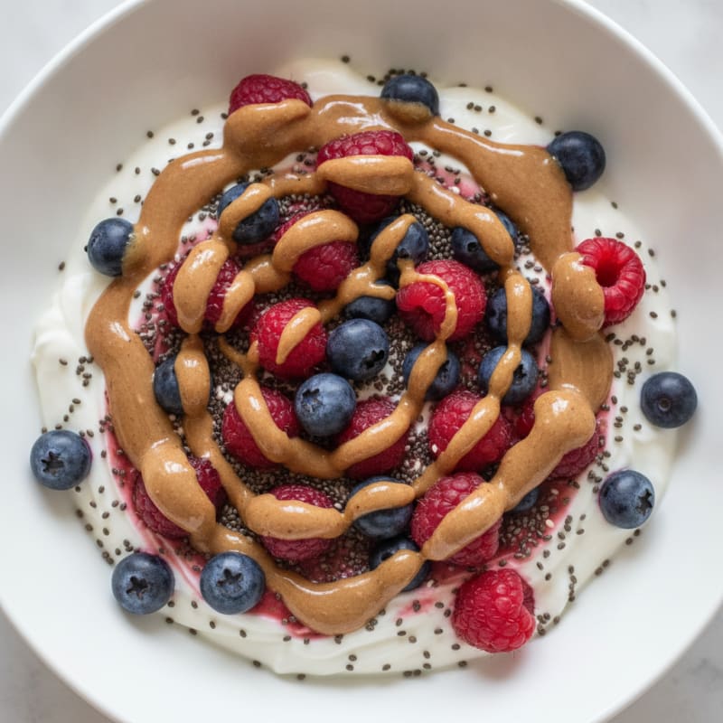 Creamy Greek Yogurt with Chia Seeds, Berries, and Almond Butter