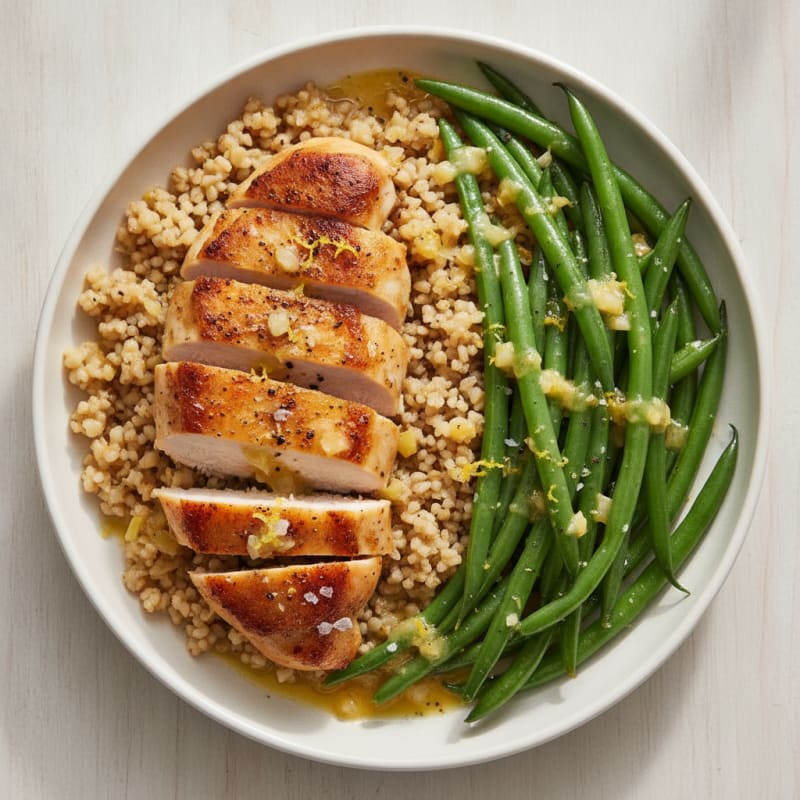 Lemon-Garlic Chicken with Bulgur and Sautéed Green Beans