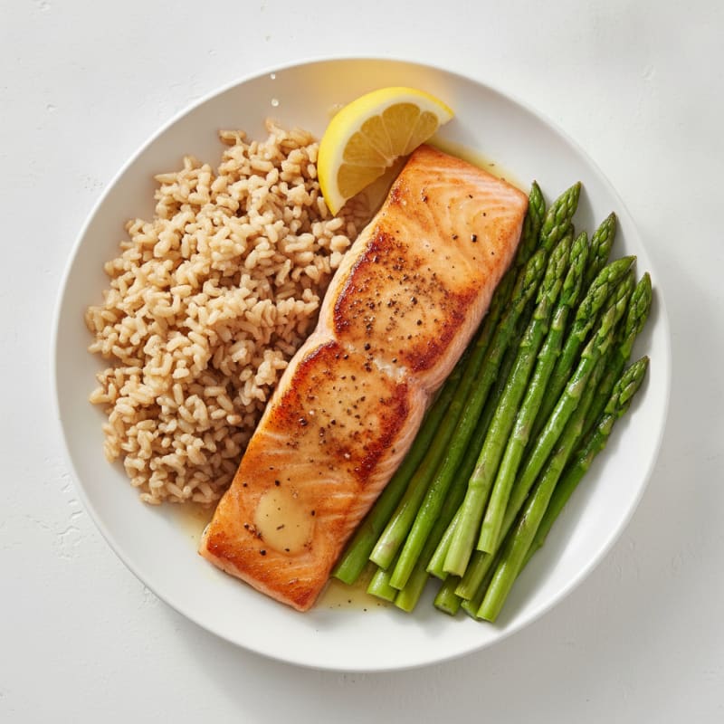 Pan Seared Salmon with Steamed Asparagus and Brown Rice