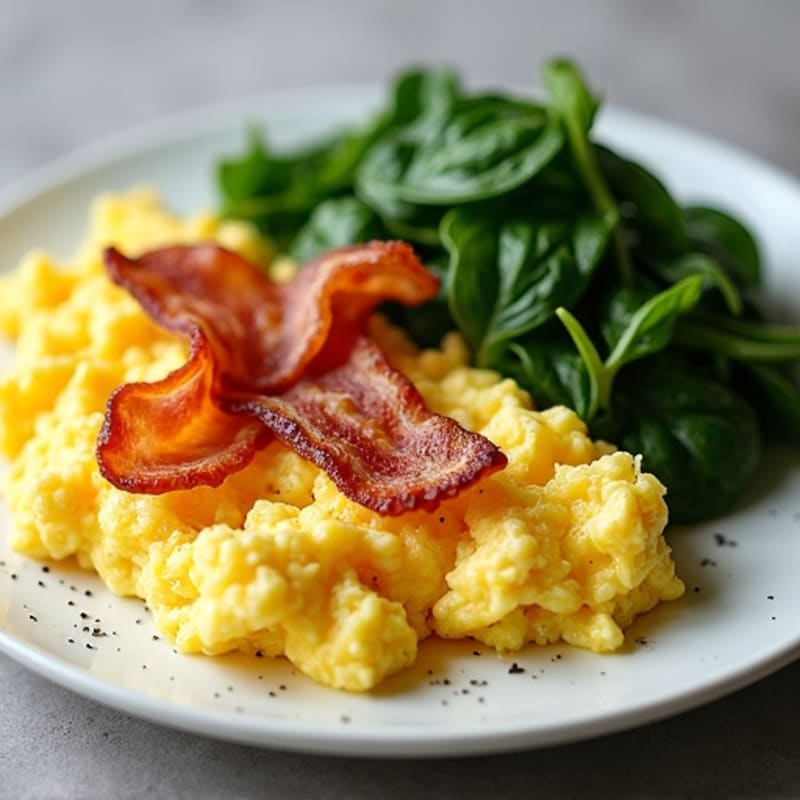 Fluffy Scrambled Eggs with Crispy Turkey Bacon and Sautéed Greens
