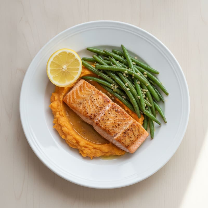 Seared Salmon Fillet with Garlic Green Beans and Sweet Potato Mash