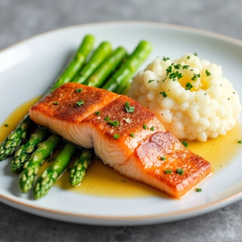 Seared Salmon with Steamed Asparagus and Garlic Mashed Cauliflower