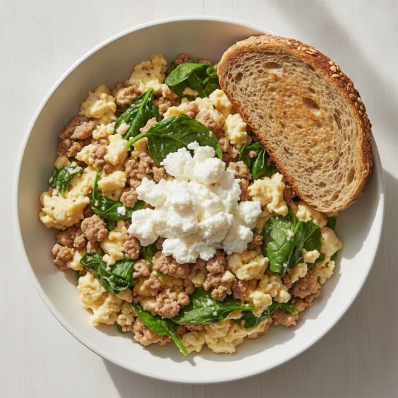 Egg White and Turkey Spinach Scramble with Cottage Cheese