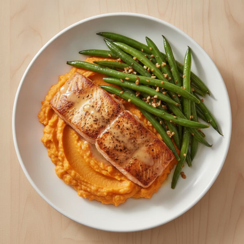 Seared Salmon with Garlic Green Beans and Sweet Potato Mash