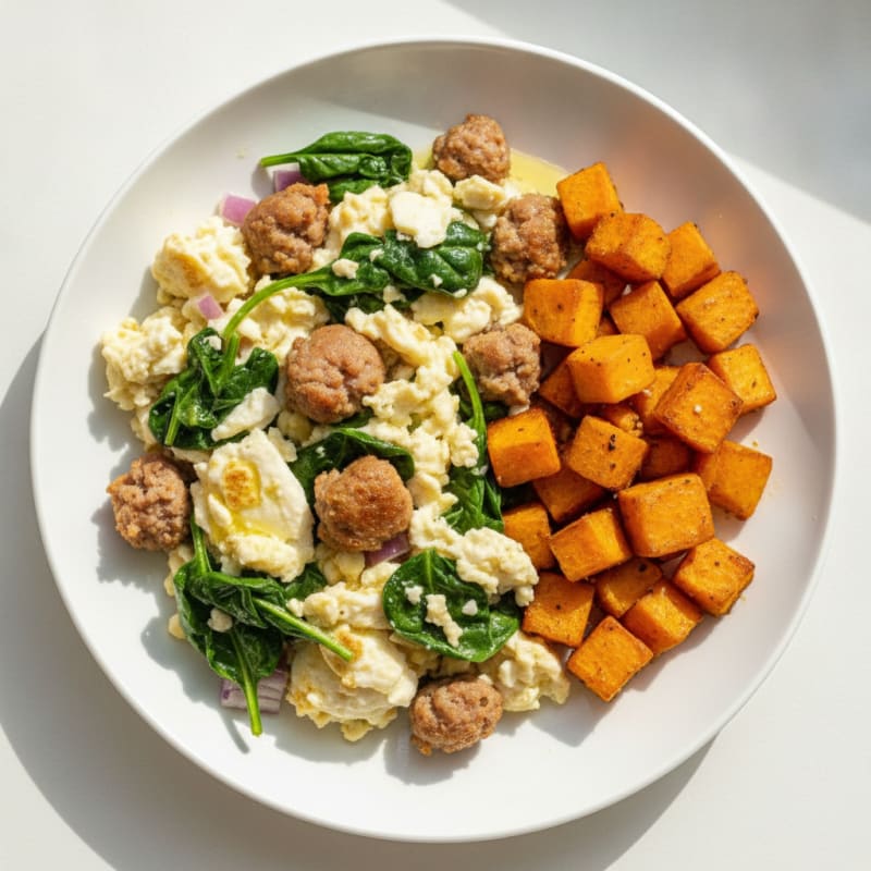 Egg White and Turkey Sausage Scramble with Spinach and Roasted Sweet Potato