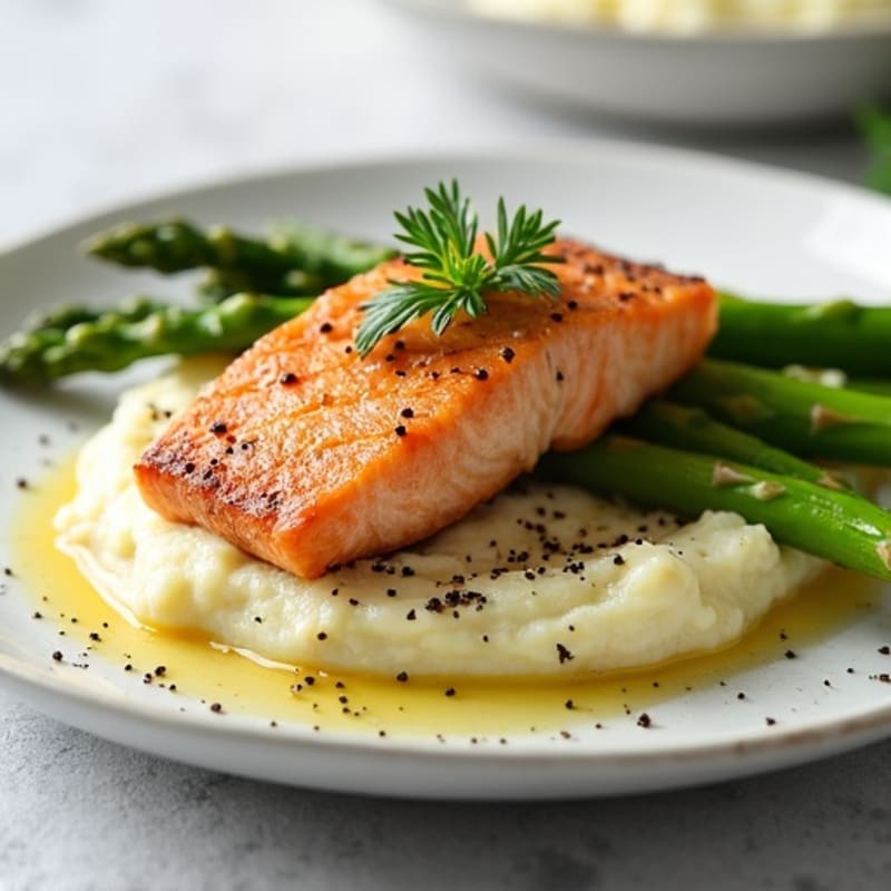 Seared Salmon with Steamed Asparagus and Cauliflower Mash