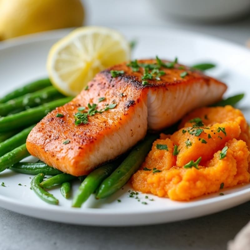 Seared Salmon with Steamed Green Beans and Sweet Potato Mash